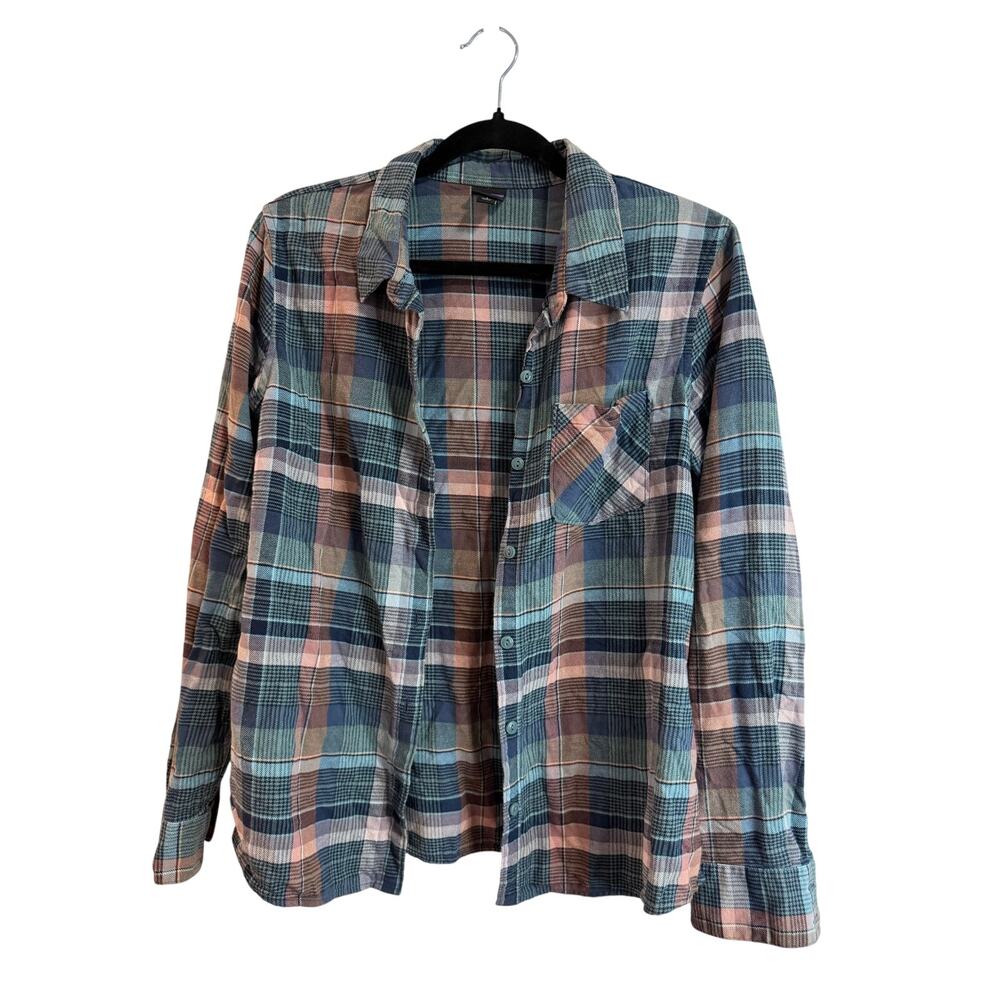 Patagonia Women’s Heywood Flannel Sz 8 Blue Peach Plaid 100% Cotton Great!